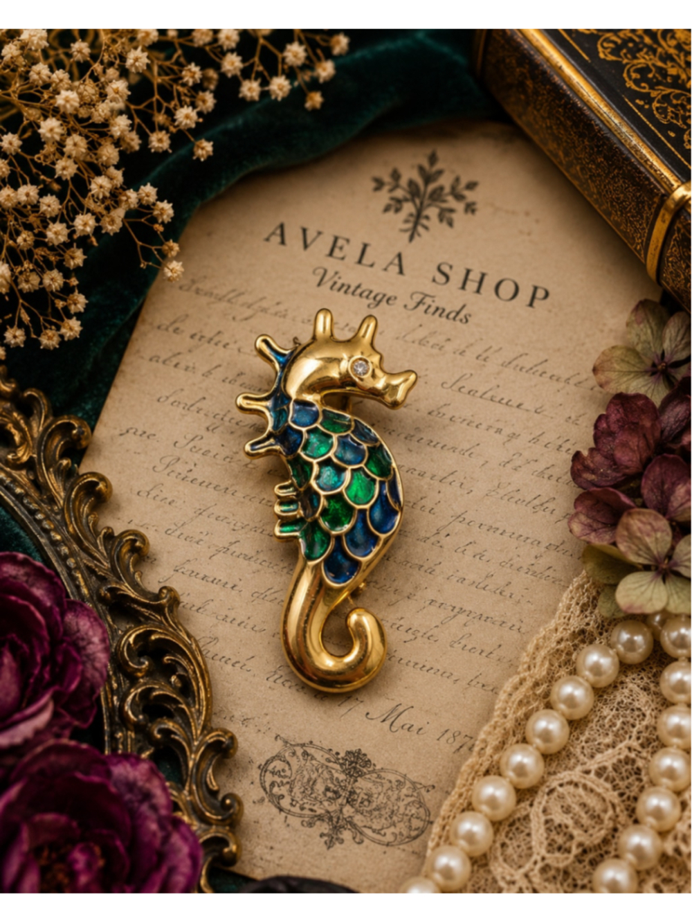 Vintage 1980s Gold-Tone Enamel Seahorse Brooch | Blue & Green Coastal Ocean Pin